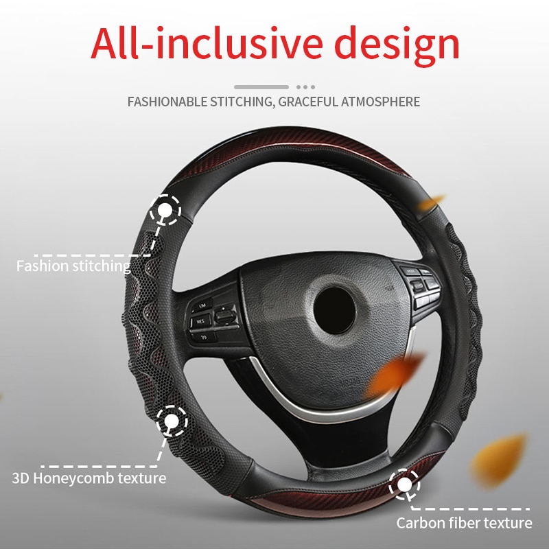 5D Car Steering Wheel Covers Interior Carbon Fiber Auto Steering Cover Anti-slip Wear-resistant Four Season Steering-Wheel Cover - Image 2